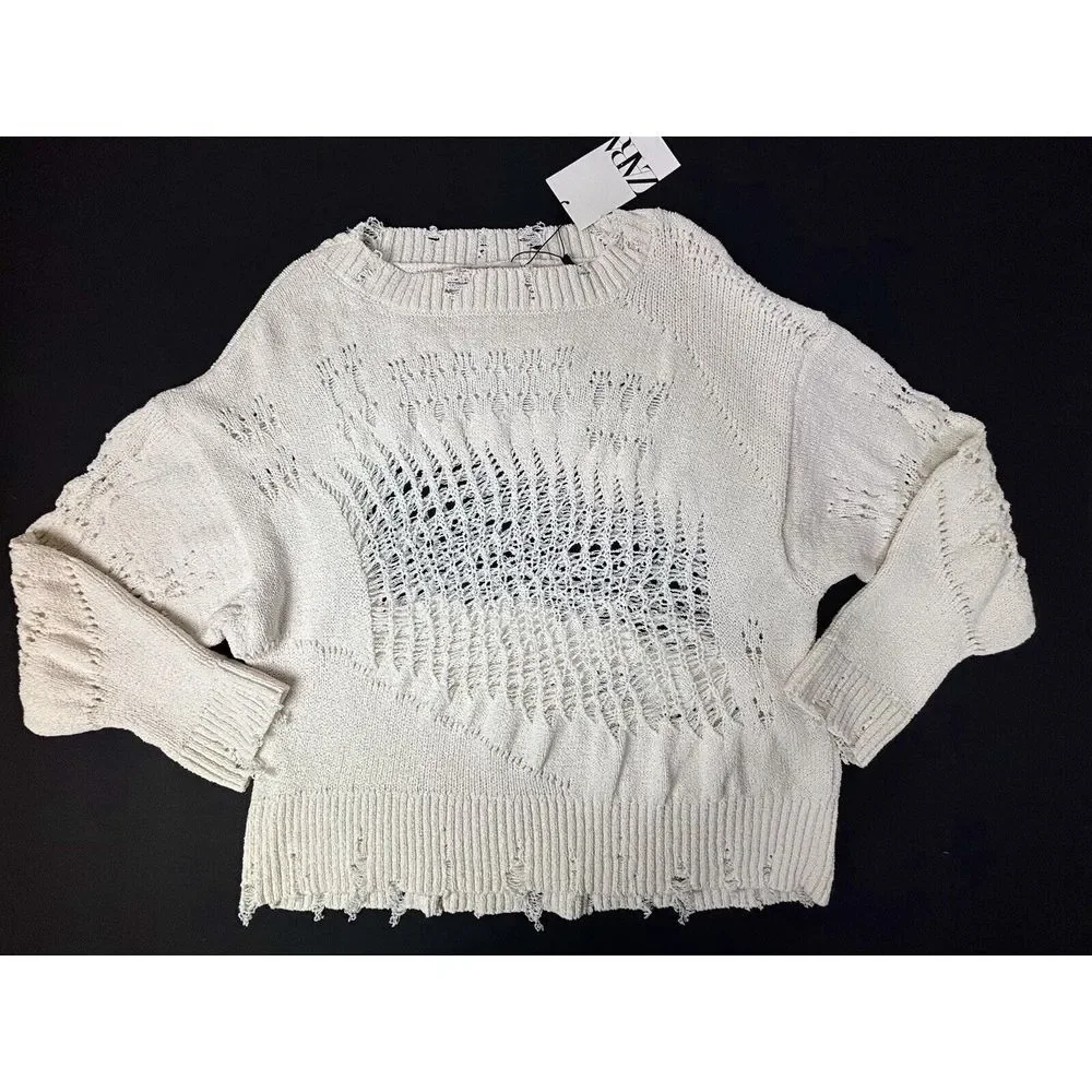 Zara Ripped Open Knit Sweater‎ Cream Womens Medium Crochet Distressed Spain NWT - Picture 2 of 12